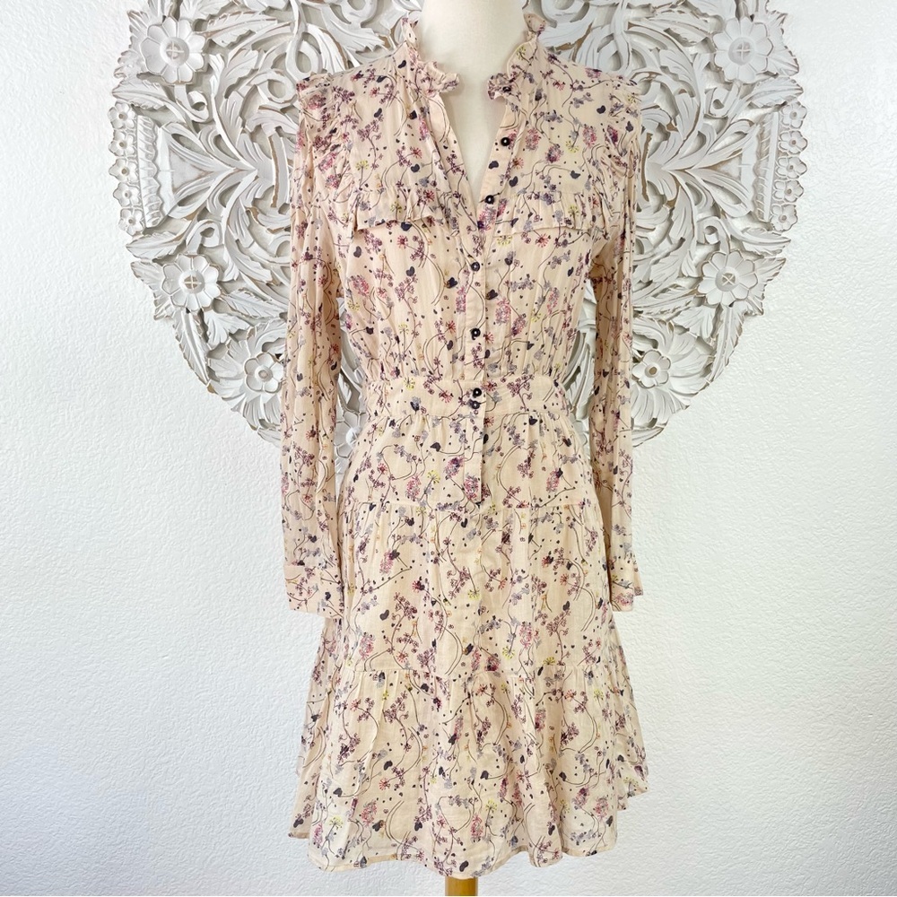 {BA&SH} Belle Pleated Ruffle Floral Cotton-Gauze Dress, Size L, NWT